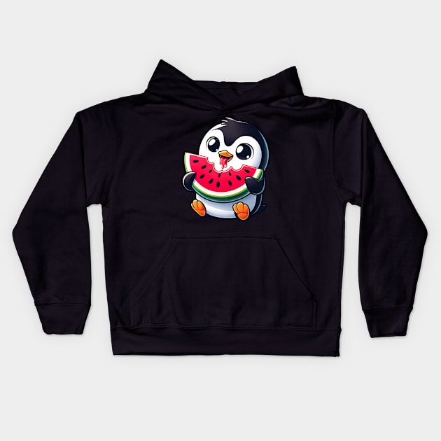 Penguin with Watermelon Cartoon Kids Hoodie by HBfunshirts